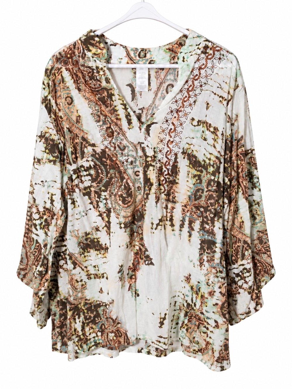 Avon Paisley Embellished 100% Cotton Tunic | White & Brown | Size 2X/2T